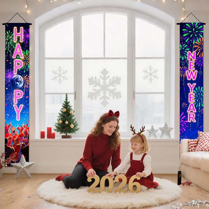 Nuxovilar Happy New Year Banner, 70.86" x 11.81" Pink Purple Fireworks Hanging Decorations for Outdoor Indoor Home Wall