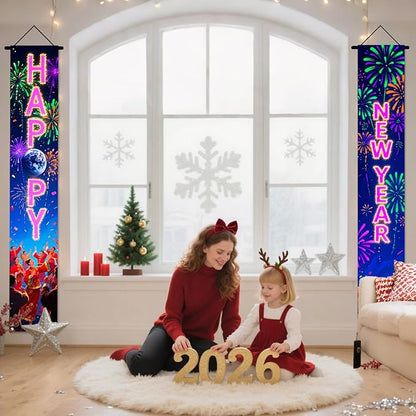 Nuxovilar Happy New Year Banner, 70.86" x 11.81" Pink Purple Fireworks Hanging Decorations for Outdoor Indoor Home Wall