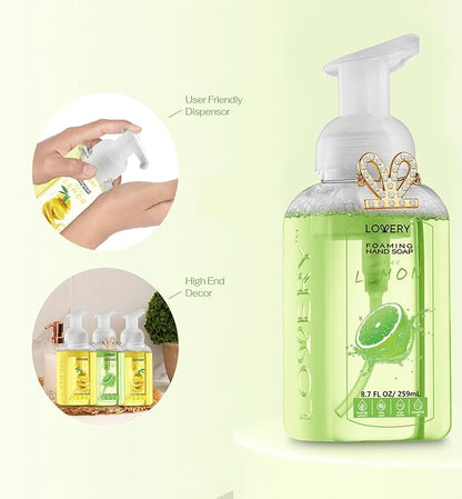 Foaming Hand Soap - Pack of 3 - Moisturizing Hand Soap with Aloe Vera & Essential Oils - - Alcohol-Free Hand Wash in Fresh Lemon, Lemon Lime, Basil Lemon Scent - Scented Hand Wash for Kitchen or Bathroom - Free Flawless Crystal Bracelet