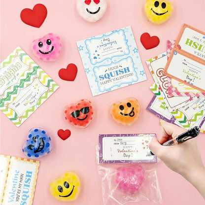 28 Pack Valentines Day Gifts for Kids ,Squishy Stress Balls Toys with Valentine Cards Classroom Prizes Exchange Gifts Prizes Valentine Party Favors Valentines Day Gifts for Kids Boy Girl