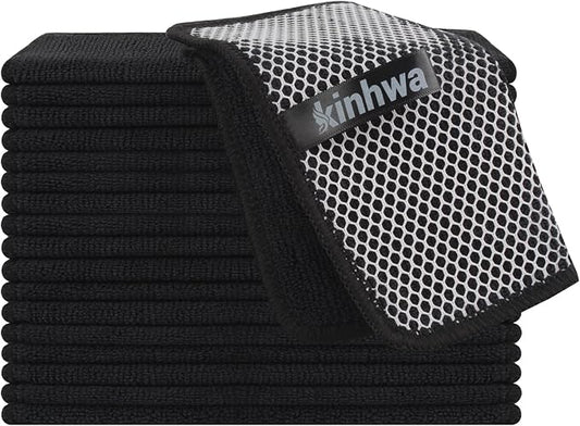 KinHwa Kitchen Washcloths for Dishes Absorbent Microfiber Dish Cloths Quick Dry Dish Rags with Poly Scour Scrub Side Ideal for Kitchen Cleaning (Black, 7inchx7inch 18 Pack)