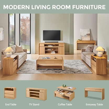 63'' Console Table with 3 Drawers, Modern Entryway Table with Curved Profile Design, Narrow Long Wood Sofa Table Behind Couch Table for Living Room, Hallway, Foyer, Natural