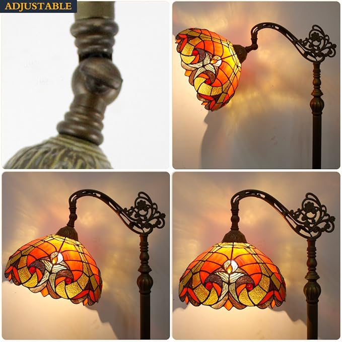 WERFACTORY Tiffany Floor Lamp Red Liaison Stained Glass Arched Lamp 12X18X64 Inches Gooseneck Adjustable Corner Standing Reading Light Decor Bedroom Living Room S160R Series