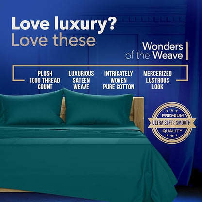 TEXAS LINEN CO. 100% Egyptian Cotton California King Sheet Set - 1000 Thread Count 4 PC Cal King Sheets, Soft, Cooling Extra Long Staple Luxury Hotel Bed Sheets - Fits Upto 18” Deep Pocket - Teal
