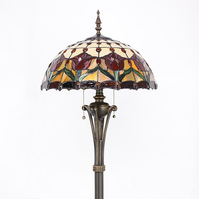 Tiffany Floor Lamp Red Amber Stained Glass Tulip Flower Standing Reading Light 16X16X70 Inches Antique Pole Corner Lamp Decor Bedroom Office Living Room