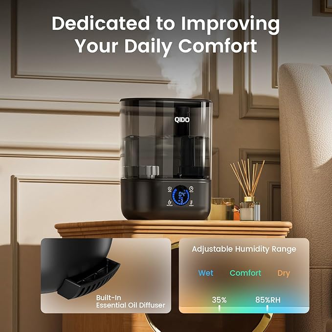 GTPLAYER Smart Humidifiers for Bedroom, 5L Top Fill Supersized Humidifier Essential Oil Diffuser for Baby & Plants, 3 adjustable Mist with 28dB Quiet, Touch/APP/7-color Nightlight, 36H Runtime, Black