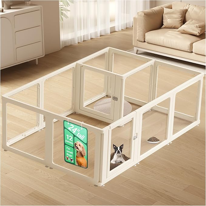 Transparent 12-Panel Dog Playpen, Acrylic Indoor/Outdoor Puppy Pen for Small & Medium Dogs, 24 Inch with Door, White(Fully Transparent 74 * 50 Two Rooms,24 inch)