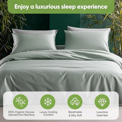 TWK Luxury Sheet Set, Genuine 100% Organic Viscose Derived from Bamboo, Cooling & Breathable, Silky Soft, Bedding Sheets & Pillowcases (Sea Glass, Full)
