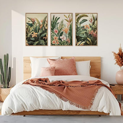HLNIUC Boho Tropical Leaves Wall Art,Modern Abstract Floral Canvas Wall Decor Set of 3(16”x24”) Green Plant Banana Leaf Painting,Tropical Botanical Jungle Art Print for Living Room,Bedroom,Office