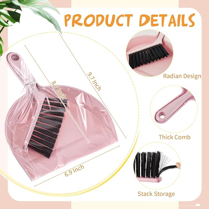 Sliner 18 Pack Mini Dustpan and Brush Set Plastic Dust Pans with Brush Small Broom and Dustpan Set Mini Broom Dust Pan for Home Office Kitchen Table Desktop Floor Cleaning Supplies (Pink)