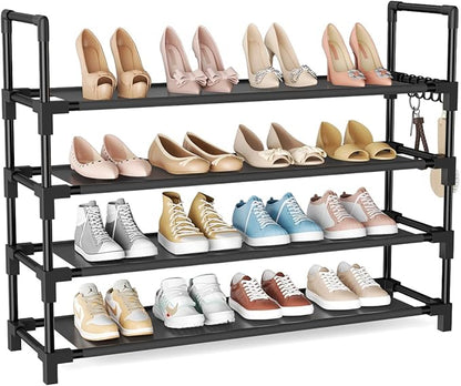 4 Tier Shoe Rack, Shoe Organizer Storage for 16-20 Pair Boot and Sneaker, Stackable Free Standing Shoe Shelf with Hooks and Side Pocket, Space Saving Shoes Rack for Closet, Entryway