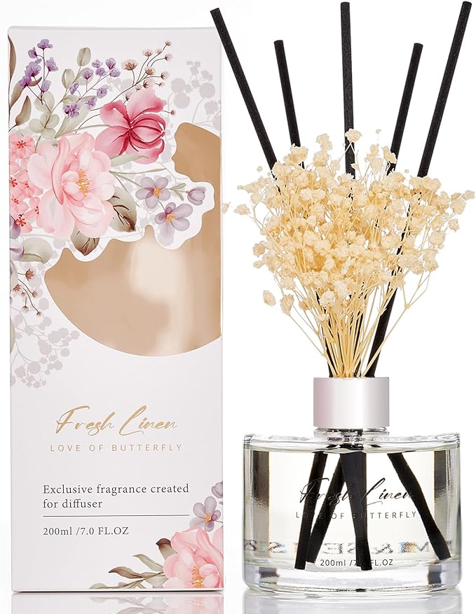 M&SENSE Reed Diffuser Set with 7 Sticks | 7.0oz Fresh Linen & Lemon Scent, Home Fragrance Flame Free Diffuser for Housewarming Gifts, Long Lasting Room Fresheners Shelf Décor with Flower