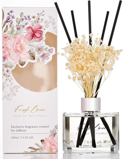M&SENSE Reed Diffuser Set with 7 Sticks | 7.0oz Fresh Linen & Lemon Scent, Home Fragrance Flame Free Diffuser for Housewarming Gifts, Long Lasting Room Fresheners Shelf Décor with Flower