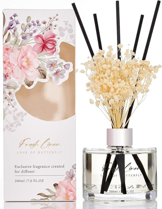 M&SENSE Reed Diffuser Set with 7 Sticks | 7.0oz Fresh Linen & Lemon Scent, Home Fragrance Flame Free Diffuser for Housewarming Gifts, Long Lasting Room Fresheners Shelf Décor with Flower