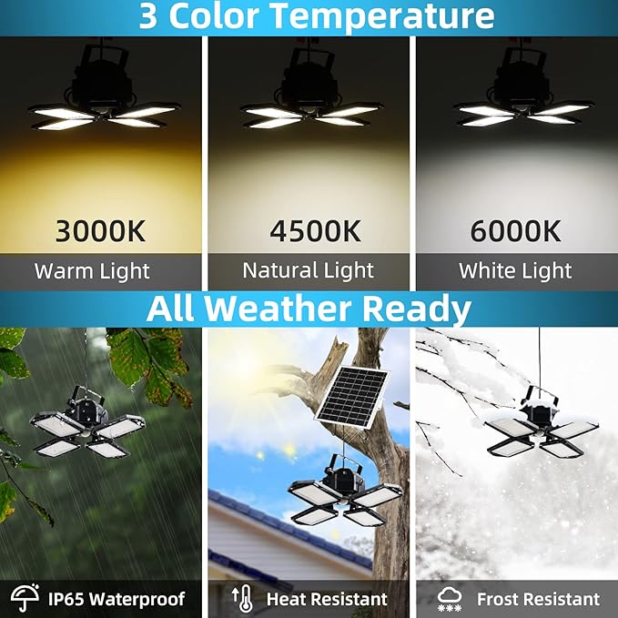 NIORSUN Solar Outdoor Lights Solar Lights Indoor Motion Sensor Pendant Light 3 Colors 4-Leaf 4 Modes with Remote, 16.4ft Wire Waterproof Security Lamp for Garage Shed Home Barn Shop Gazebo(1 Pack)
