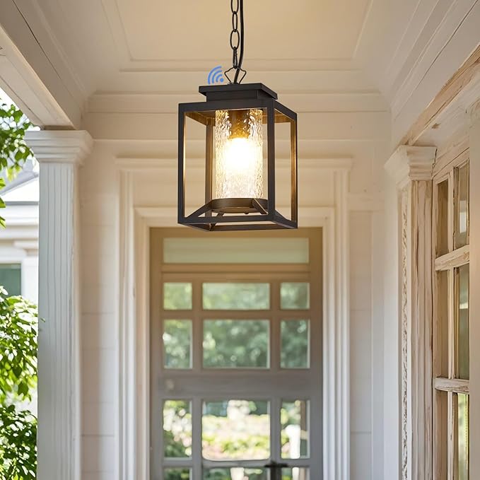 Outdoor Pendant Lights, Dusk to Dawn Modern Outdoor Porch Chandelier Lantern with Sensor, Black Exterior Hanging Porch Light with Hammered Glass, Adjustable Long Chain, OS-KY1001