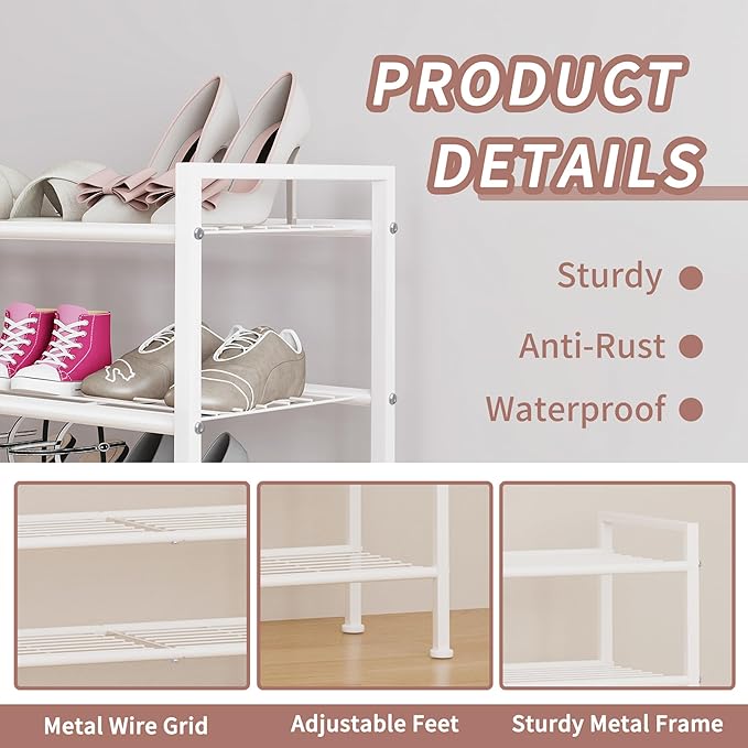 5 Tier Shoe Rack,Metal Shoe Storage Organizer Shelf for Closet,Entryway, Garage,Narrow Space(White, 5 Tier)