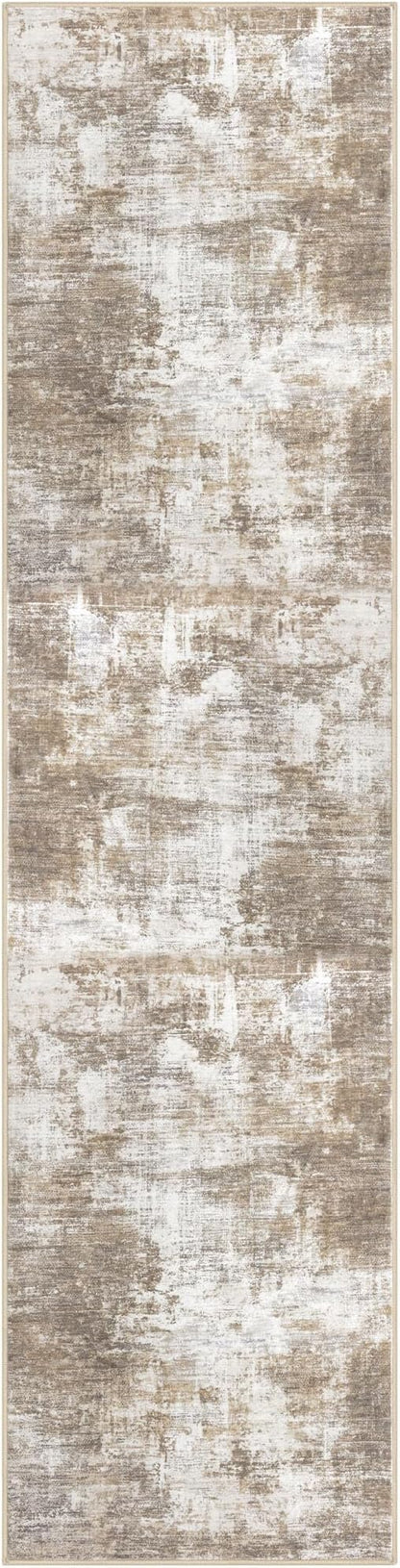 IOHOUZE Abstract Runner Rug 3x12 Ft Washable Runners for Hallways, Non Slip Kitchen Runner Printed Faux Wool Entryway Runner Indoor, Modern Abstract Floor Carpet for Hall Kitchen, Beige Brown