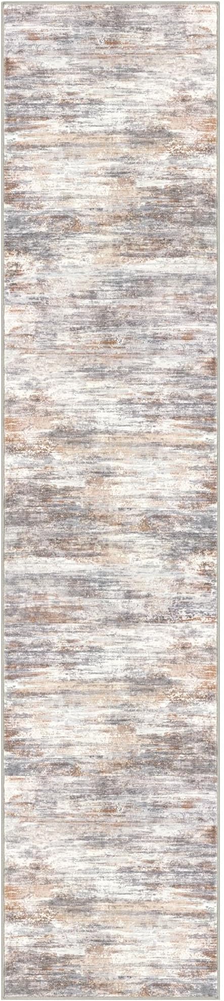 KOZYFLY Modern Abstract Washable Rug Runner 2.6x12 Hallway Rug Runner Non-Slip Soft Kitchen Runner Rugs, Multi Grey Striped Carpet for Entryway Bathroom Laundry Room Foyer