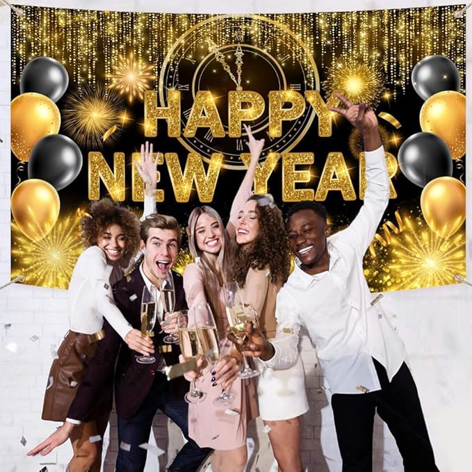 Black Gold Happy New Year Backdrop 2026 Kiss Me at Midnight Photography Background Cheers to The New Year Eve Hello 2026 Party Decorations Firework New Years Banner Photo Props 8x6ft