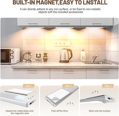 6 Pack Under Cabinet Lights Wireless, 32 LED Motion Sensor Light Indoor Rechargeable Magnetic Closet Lights Battery Operated, Under Counter Lights for Kitchen, Wardrobe, Stairs, Warm Light