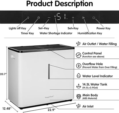 Evaporative Humidifiers |14.5 L(3.9 Gal) Tank for Whole Room Humidifier | 60 W Cool No Mist Humidifiers | 7 Speed | MAX Output 3000 ml/h | Auto Humid | Top Filling