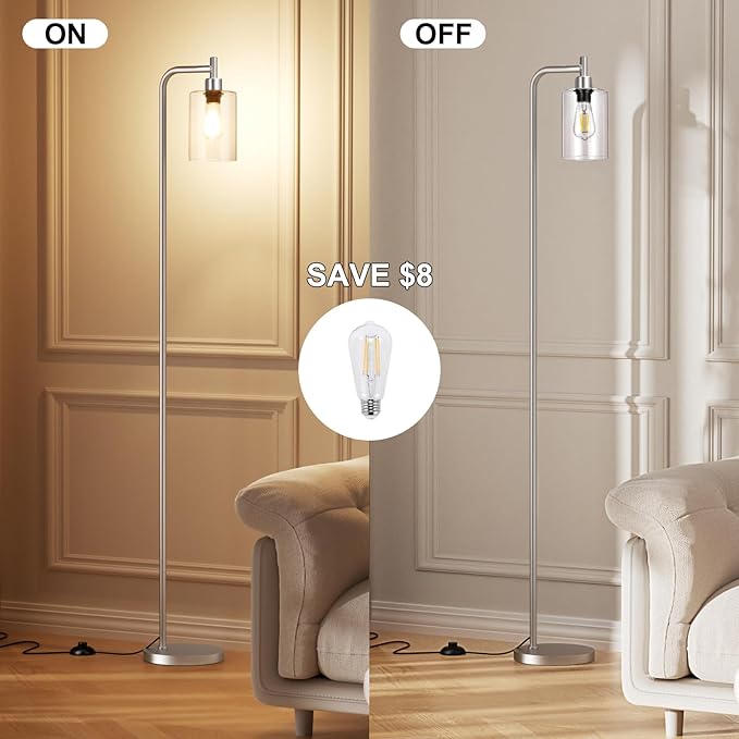 Floor Lamps for Living Room - Industrial Standing Lamp with Glass Shade, Modern Floor Lamp with LED Bulbs, Tall Lamp for Bedroom Office - Brushed Nickel