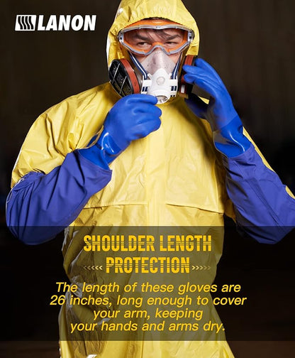 LANON 26" Elbow Length PVC Chemical Resistant Gloves, Heavy-Duty Long Rubber Gloves, Acid, Alkali & Oil Protection, XXL