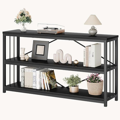 LVB Black Console Table, Modern Entryway Table for Hallway Living Room, Industrial Sofa Table Behind Couch, Farmhouse Wooden Metal Entry Table for Foyer with 3-Tier Storage Shelves, Black Oak, 55 Inch