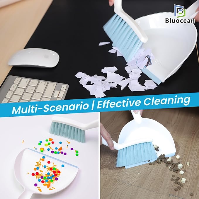 Mini Broom and Dustpan, Plus an Adhesive Hook Set, 7" Dustpan Opening, Bristles for Hair and Small Debris, Mini Portable Hand Brush for Pet, Sofa, Desk, Kitchen (White & Seafoam Blue)