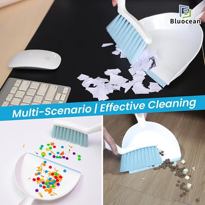 Mini Broom and Dustpan, Plus an Adhesive Hook Set, 7" Dustpan Opening, Bristles for Hair and Small Debris, Mini Portable Hand Brush for Pet, Sofa, Desk, Kitchen (White & Seafoam Blue)