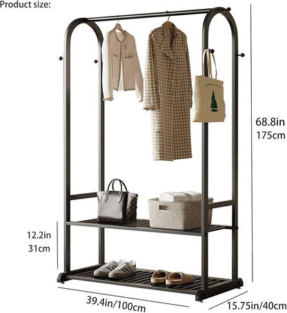 Black Clothing Rack,Heavy duty clothes rack with 2-tier Bottom Shelves, Garment Rack with 6 Side Hooks for Hanging Clothes, Coats, Shirts (black, 39.37in)