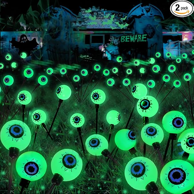 2 Pack Halloween Outdoor Decorations Solar Eyeball Lights, 12 LED Green Eyeball Swaying Firefly Light with 2 Lighting Modes, Halloween Decor Waterproof for Patio Yard Lawn Graveyard Props