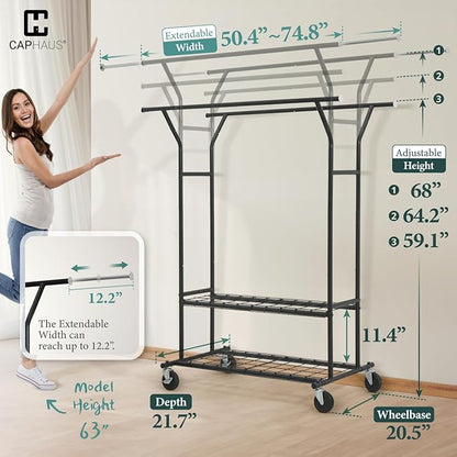 CAPHAUS 840LBS Capacity Heavy Duty Clothes Rack with Double Rods, Rolling Clothing Rack with 2 Shelves, Extendable Rods, Black