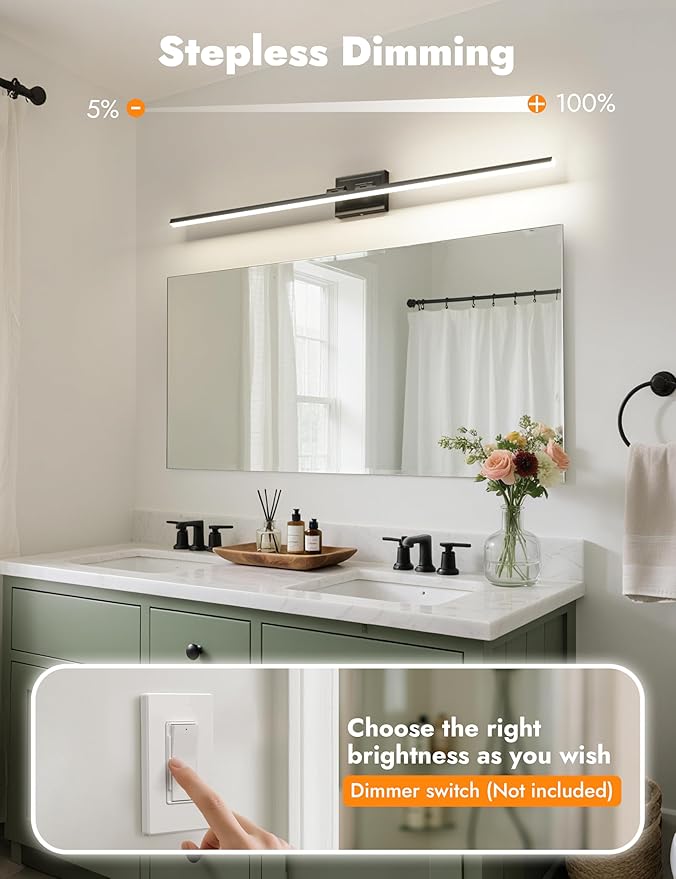 NIORSUN 48 Inch Modern Bathroom Light Fixture, 30W 5CCT Dimmable LED Black Bathroom Vanity Lights Over Mirror, Vanity Lights for Bathrooms Restroom Mirror- ETL Certified