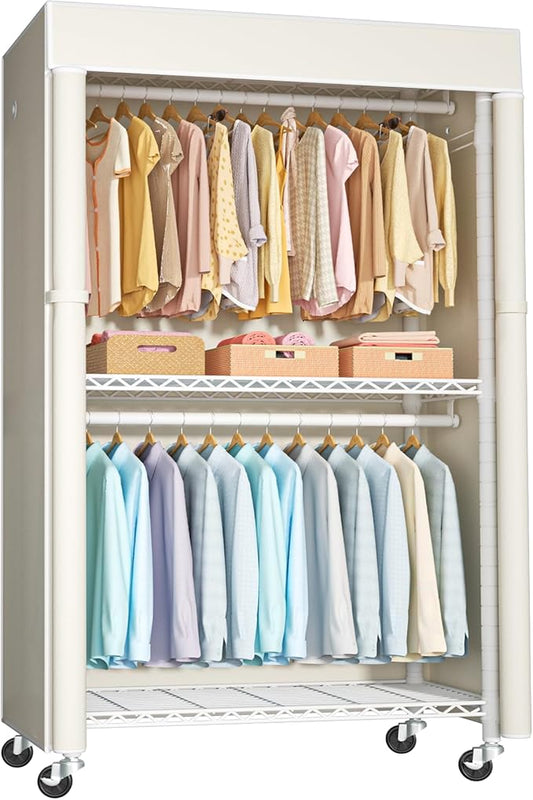 FUTASSI White Clothing Rack with Beige Cover, P1C Rolling Closets with Wheels, Metal Garment Rack for Hanging Clothes, Clothing Storage Wardrobe, 36.2" W x 16.5" D x 80.5" H, Load 450 Pounds