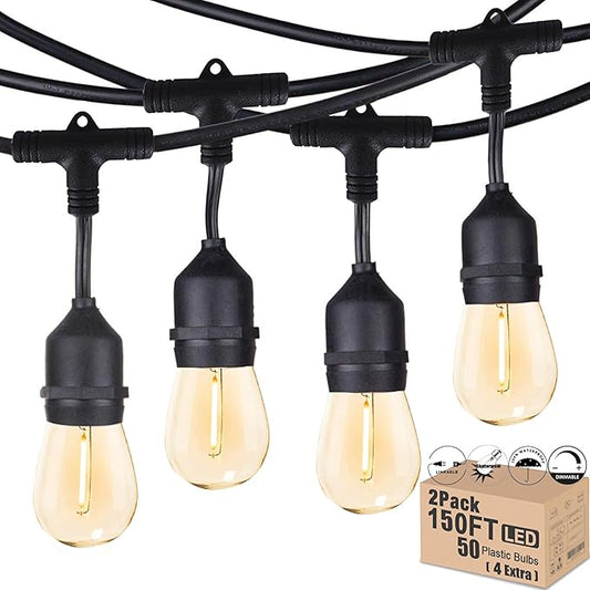Outdoor String Lights LED 150FT Waterproof Heavy-Duty Patio Lights String with 50 Dimmable Shatterproof Plastic Edison Bulbs(4 Extra) for Gazebo Pergola Bistro Lights Connectable