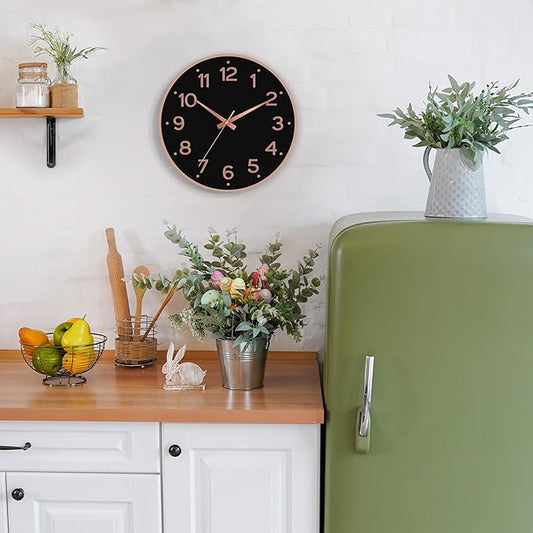 Wall Clock, Silent Wall Clocks Battery Operated 8 Inch-Modern Non Ticking Analog Clock Decorative for Kitchen Office Bathroom Bedroom(Black Rose Gold)