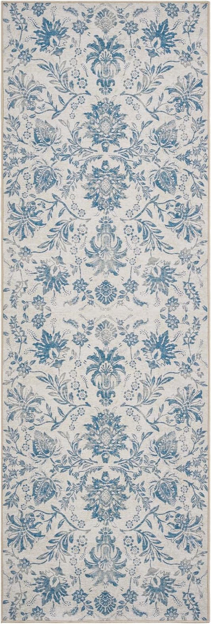 jinchan Runner Rugs 2x6, Vintage-Inspired Floral Design Machine Washable Non-Slip Ultra-Thin Low-Pile Rubber Backing Runner Rug for Kitchen Hallway Laundry Room Entryway Dark Blue