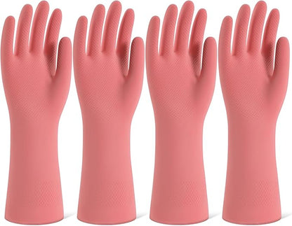Rubber Cleaning Gloves for Dishwashing, 4 Pairs Reusable Kitchen Gloves for Washing Dishes and Household Cleaning, Pink Dish Gloves with Flocked Lining and Non-Slip Grip, Pefect for Woman Men - S