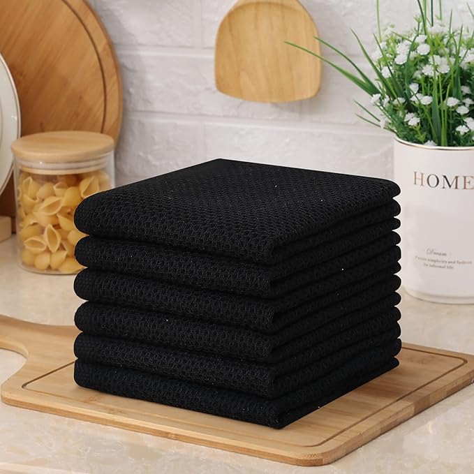 Kitinjoy 100% Cotton Kitchen Dish Cloths, 8 Pack Waffle Weave Ultra Soft Absorbent Dish Towels for Drying Dishes Quick Drying Kitchen Towels Dish Rags, 12 X 12Inch, Black