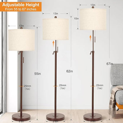 Metal Brown Floor Lamp for Living Room, Adjustable Height Standing Lamp, Pole Light for Bedroom, with Linen Shade and Metal Base, Pull Chain Switch, 3-Way 8W LED Bulb Included