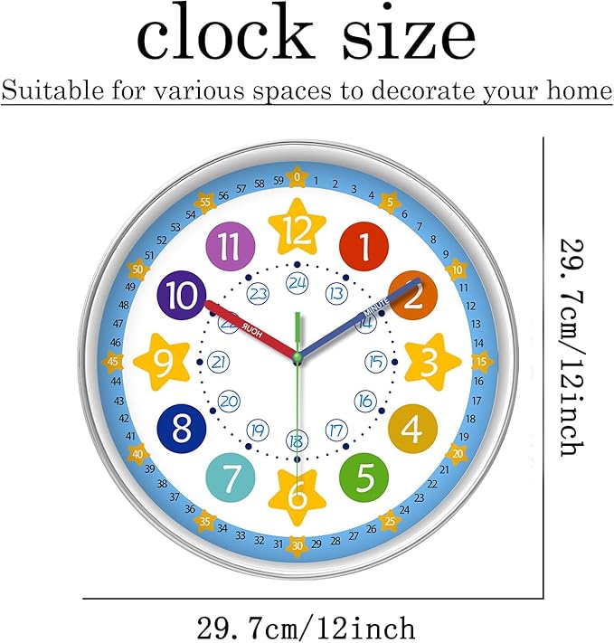 XFM Colorful Kid Wall Clock 12 Inch Silent Non Ticking Quartz Battery Operated Decorative Time Teaching Clock for Children Bedroom Nursery Room Classroom
