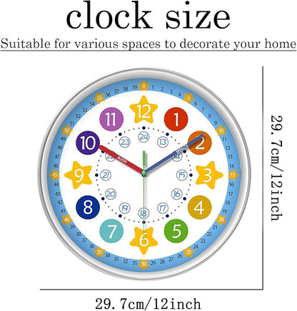 XFM Colorful Kid Wall Clock 12 Inch Silent Non Ticking Quartz Battery Operated Decorative Time Teaching Clock for Children Bedroom Nursery Room Classroom