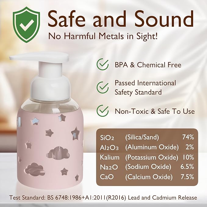 SoCal Suds & Company Glass Foaming Hand Soap Dispenser, Soft Grip Silicone Sleeve, Refillable Pump Bottle for Kids, Baby Wash & Shampoo, Ideal for Home Use, Light Pink 8oz