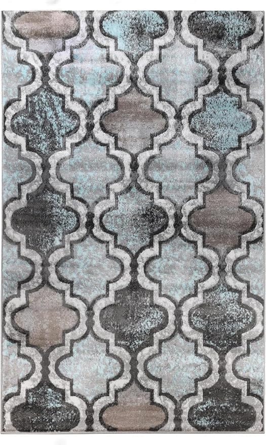 Superior Indoor Area Rug, Jute Backing, Modern Plush Rugs for Hallway, Living, Dining Room, Office, Kitchen, Geometric Trellis Floor Decor, Viking Collection, 8' x 10', Turquoise