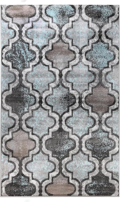 Superior Indoor Area Rug, Jute Backing, Modern Plush Rugs for Hallway, Living, Dining Room, Office, Kitchen, Geometric Trellis Floor Decor, Viking Collection, 4' x 6', Turquoise