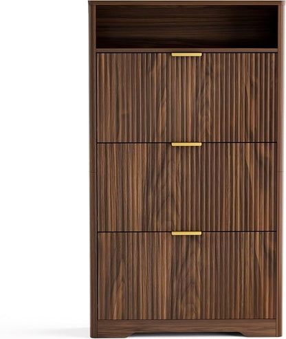 Rainbow Home Oregon Shoe Storage Cabinet, 31.6" W Narrow Fluted Design with 2 Flip Drawers, Walnut Freestanding Organizer for Entryway, Foyer, Hallway | Mid Century Modern (3 Flip Drawers)