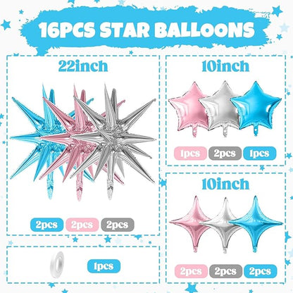 Pink Blue Silver Star Balloon,16Pcs Star Foil Balloons Set with 22Inch Explosion Spike Cone Balloons and 10Inch Quadrangle Helium Balloon for Birthday Wedding Baby Shower Party Decorations