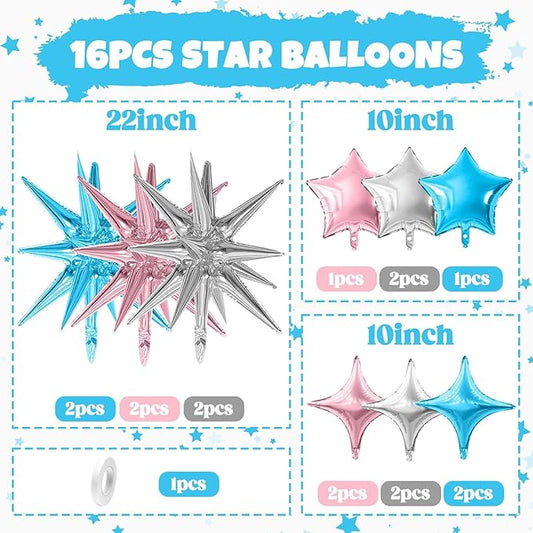 Pink Blue Silver Star Balloon,16Pcs Star Foil Balloons Set with 22Inch Explosion Spike Cone Balloons and 10Inch Quadrangle Helium Balloon for Birthday Wedding Baby Shower Party Decorations